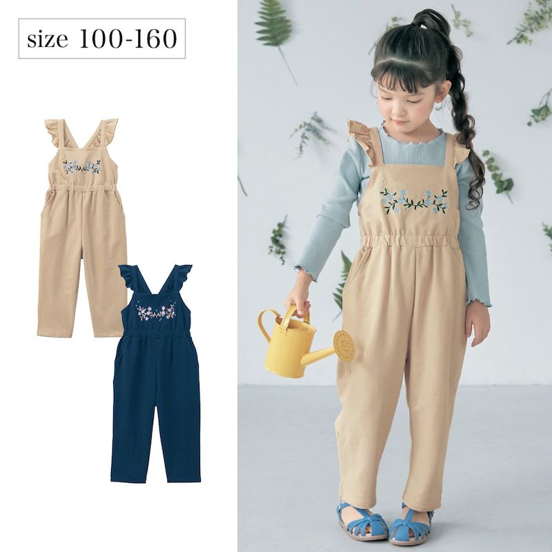 日本千趣會 - 肩膀荷葉邊花朵刺繡吊帶褲-海軍藍