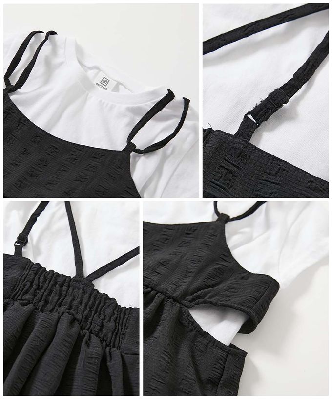 日本 devirock - 甜美緹花吊帶洋裝+圓領純棉T恤(2件組)-黃綠