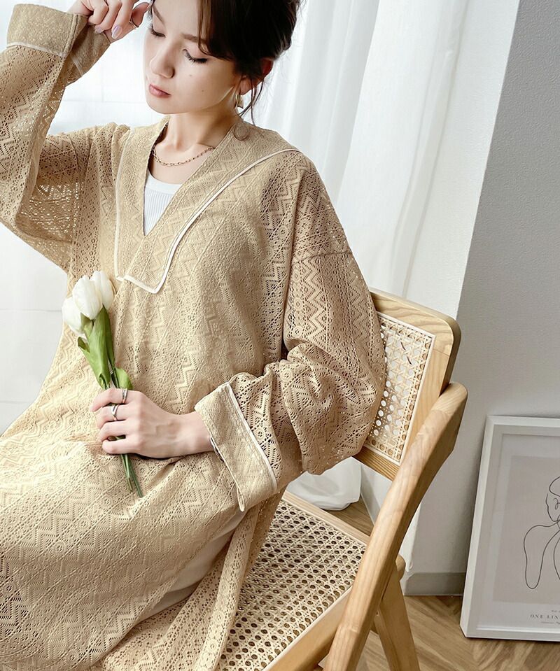 日本 Classical Elf - 早春幾何雕花鉤針長版洋裝-米白