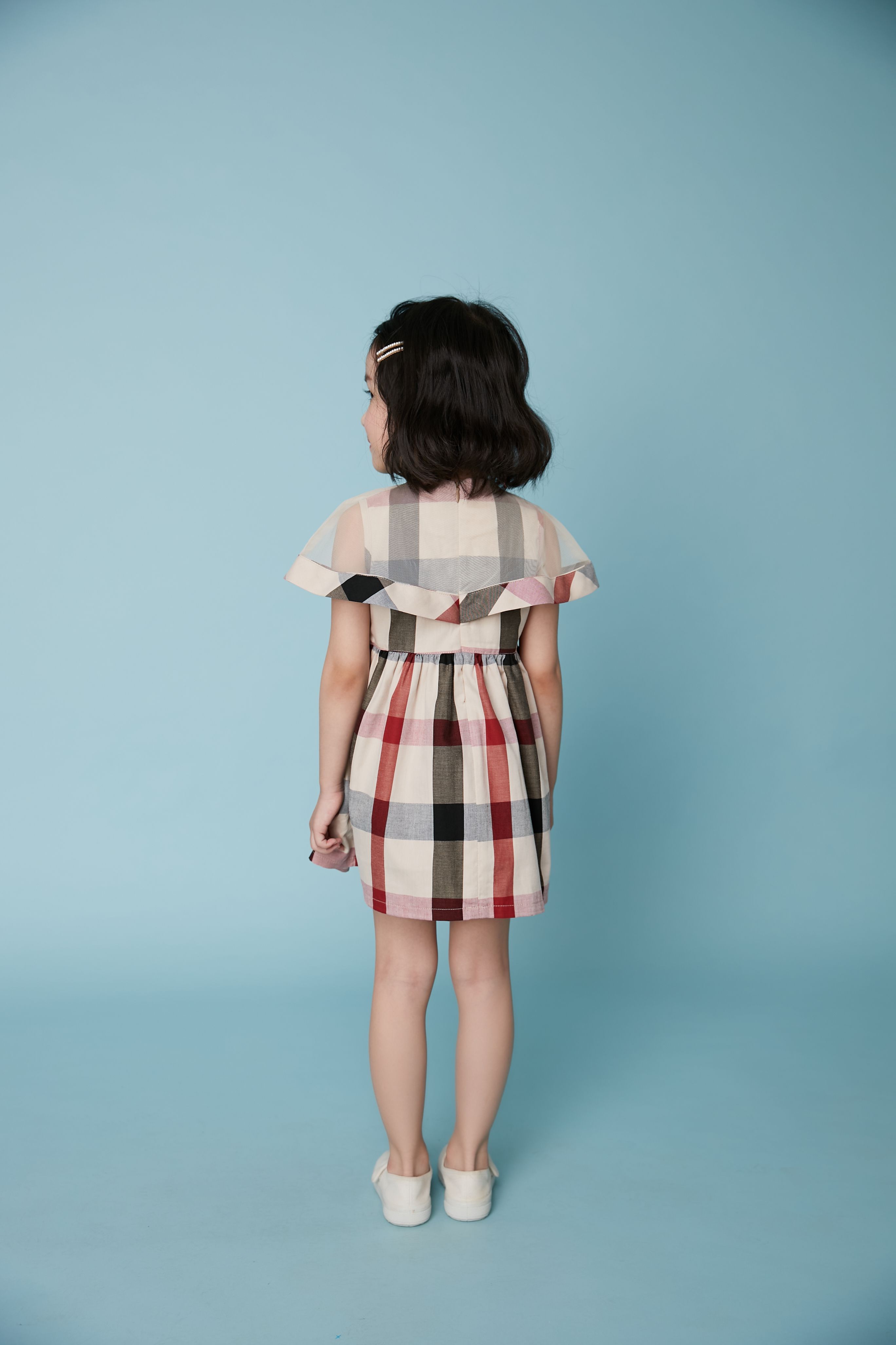 韓國 Coco Bang - 透膚披肩英倫格紋洋裝