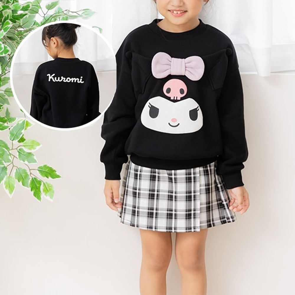 立體聯名角色裏起毛長袖上衣-大臉卡通人物酷洛米-黑