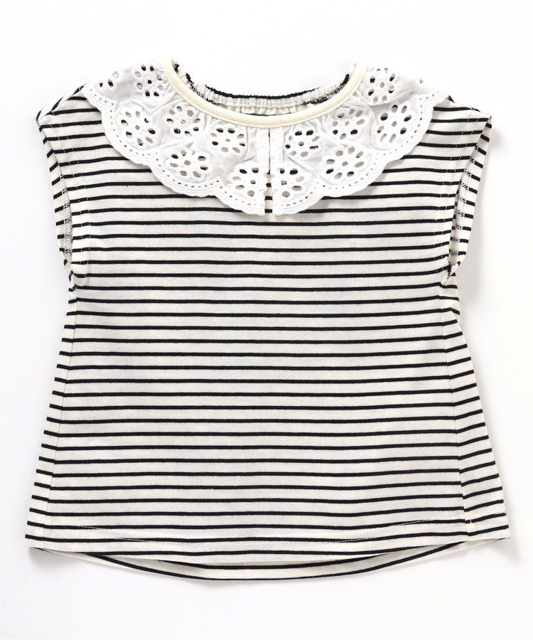 日本 apres les cours - 雕花蕾絲領短袖上衣-深藍