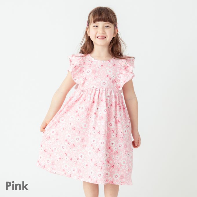 日本 evercloset - 少女花卉雙層荷葉袖洋裝-粉紅