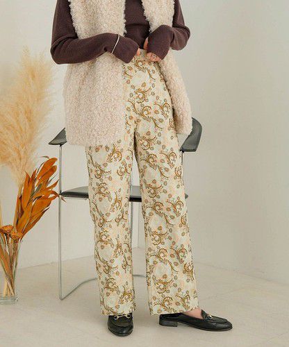 日本 Bou Jeloud - 復古花草圖騰長褲-海軍藍