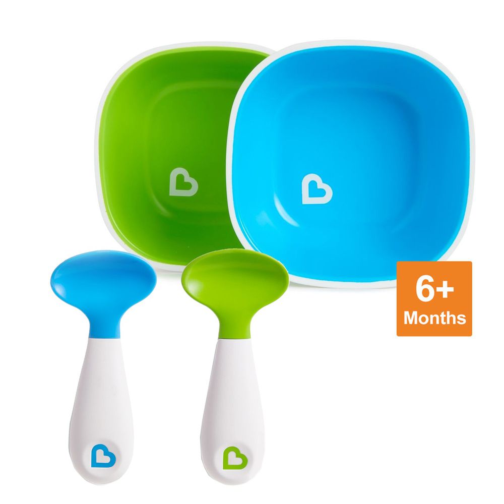 美國 munchkin - A+B超值組：防滑碗2入(綠/藍) + 送左右手幼兒學習湯匙2入(藍/綠)