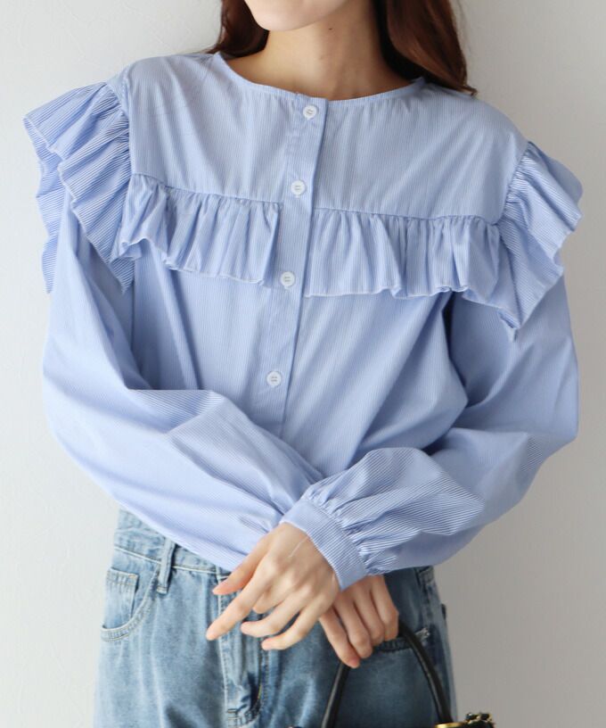 日本 BLUE EAST - 青澀回憶荷葉邊長袖襯衫-湖水綠