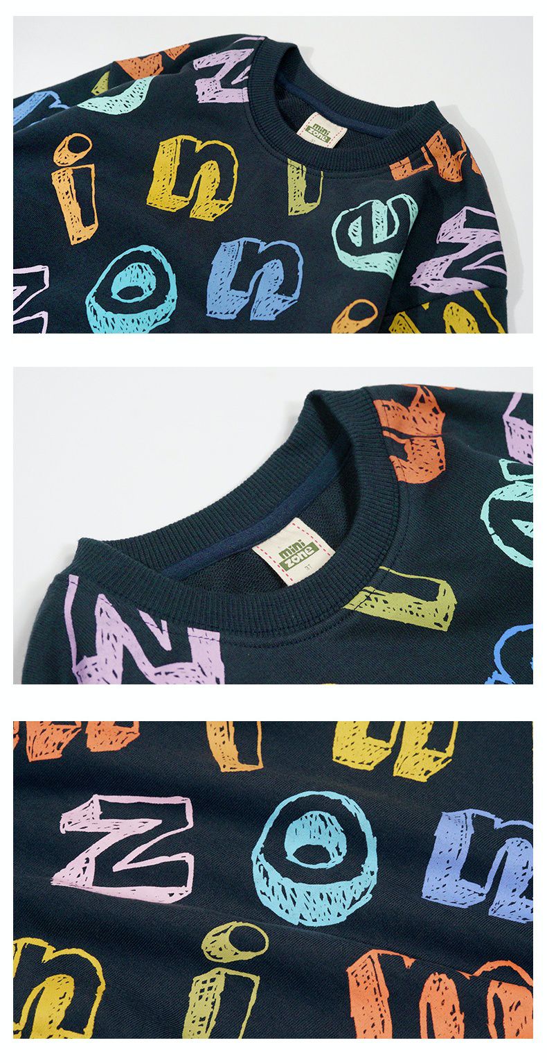 Minizone - 圓領長袖上衣-蠟筆字母-深藍色