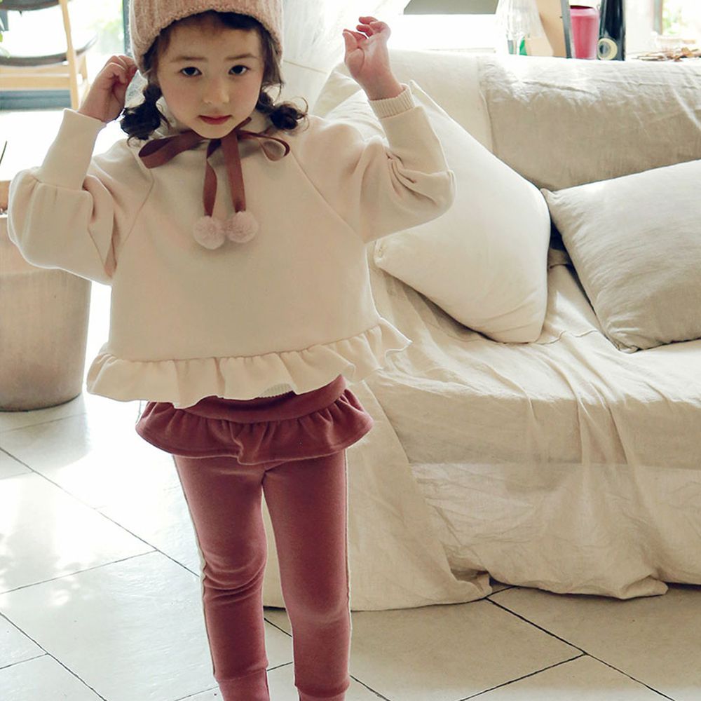 韓國 PuellaFLO - (現省50元)荷葉下襬連帽飛鼠T(不附繩)+荷葉裝飾長褲-奶油白X粉紅