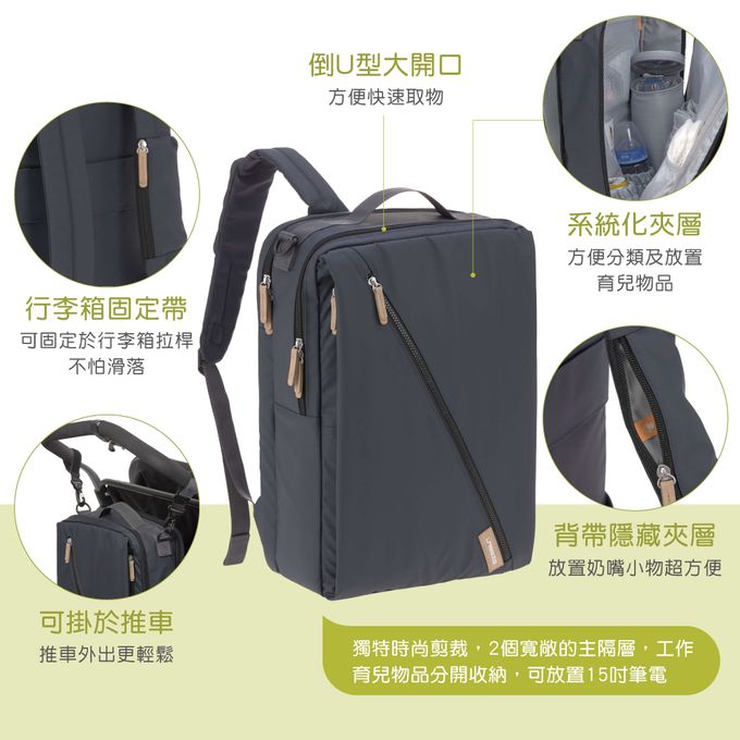 德國 Lassig - 都會機能雙層後背媽媽包-橄欖綠-含尿布墊+推車掛勾+保溫瓶收納包