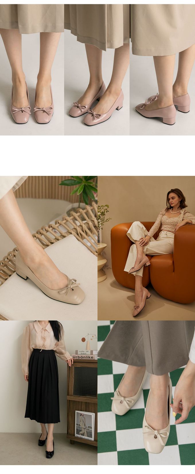 韓國 PINKELEPHANT - 蝴蝶結淺口輕便跟鞋(4cm)-杏