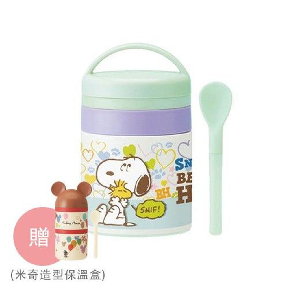 日本 SKATER - 超輕量離乳食用保溫罐(附離乳食用湯匙)-史努比(主商品)+米奇造型保溫盒(贈品)-180ml+250ml