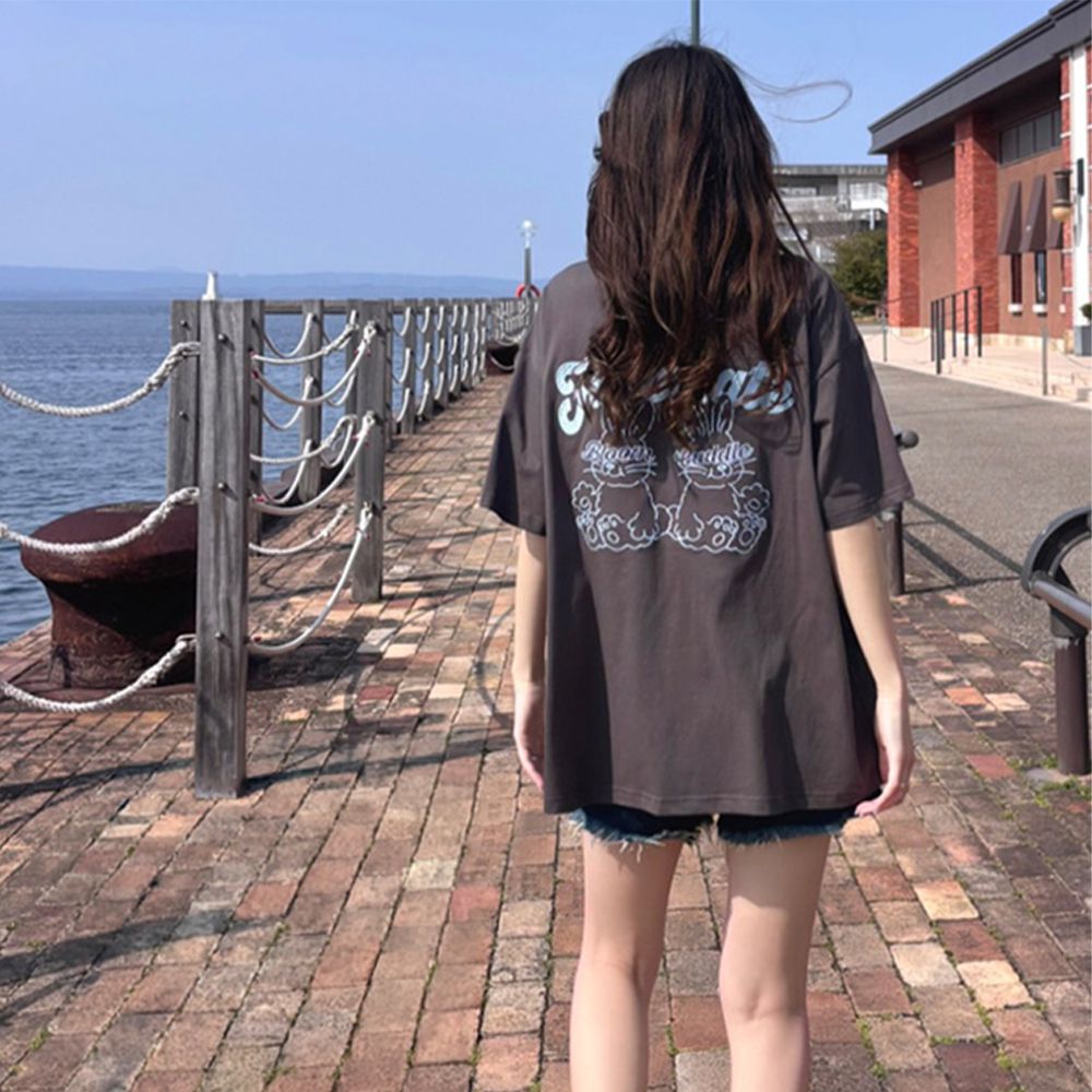 俏皮美式兔子印花短袖上衣-炭灰 (F)