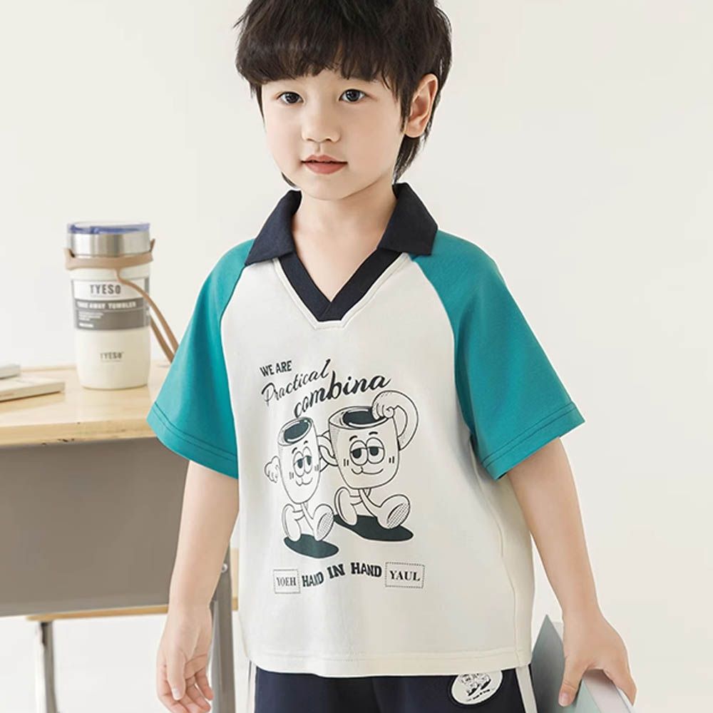 純棉撞色翻領短袖上衣-茶杯-拼袖藍綠