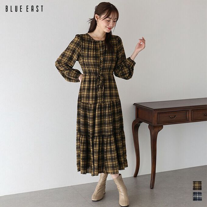 日本 BLUE EAST - 經典低調格紋分層束腰長袖洋裝-咖啡棕