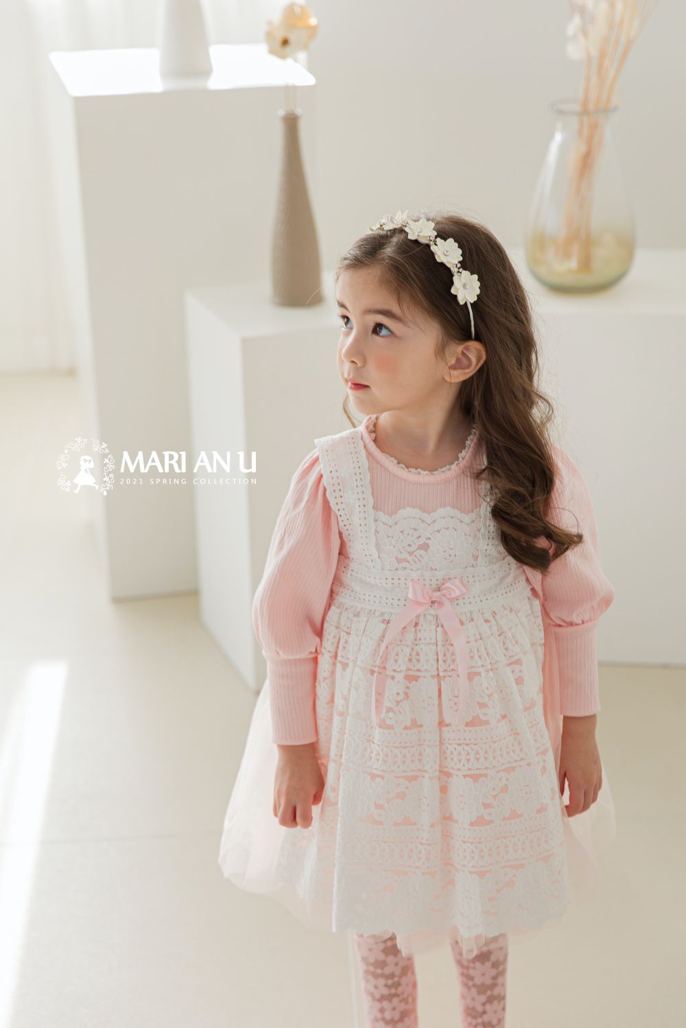 韓國 mari an u - 假蕾絲圍裙網紗洋裝-蜜桃粉