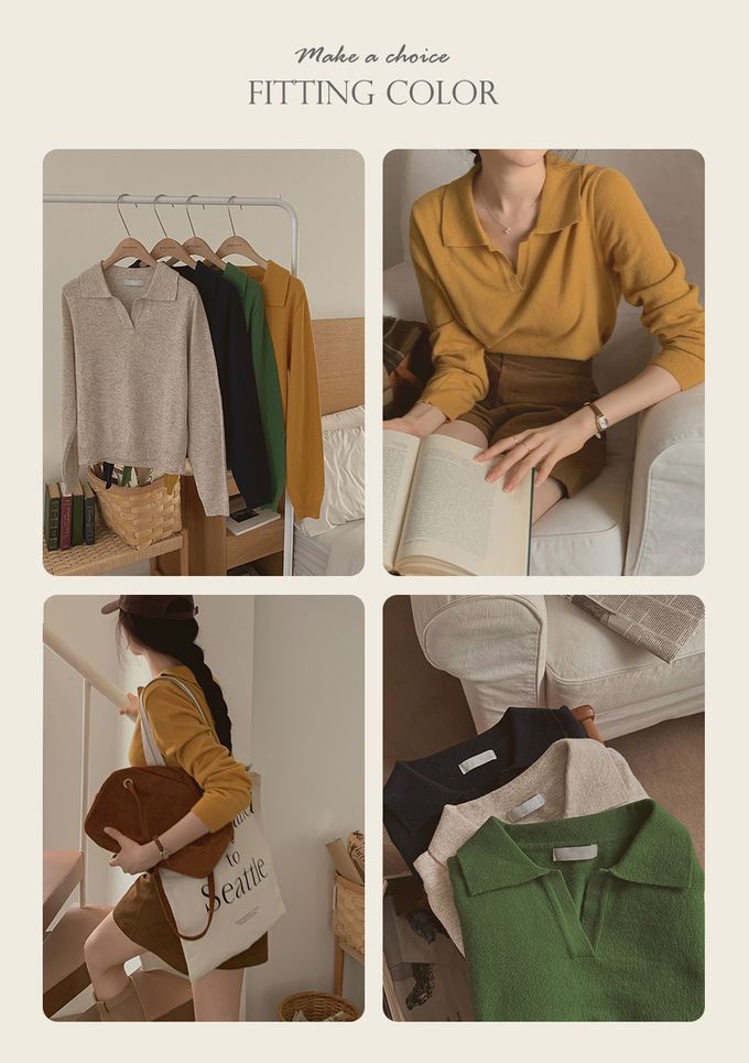 韓國女裝代購 - 小V翻領混羊毛長袖針織上衣-燕麥 (FREE)