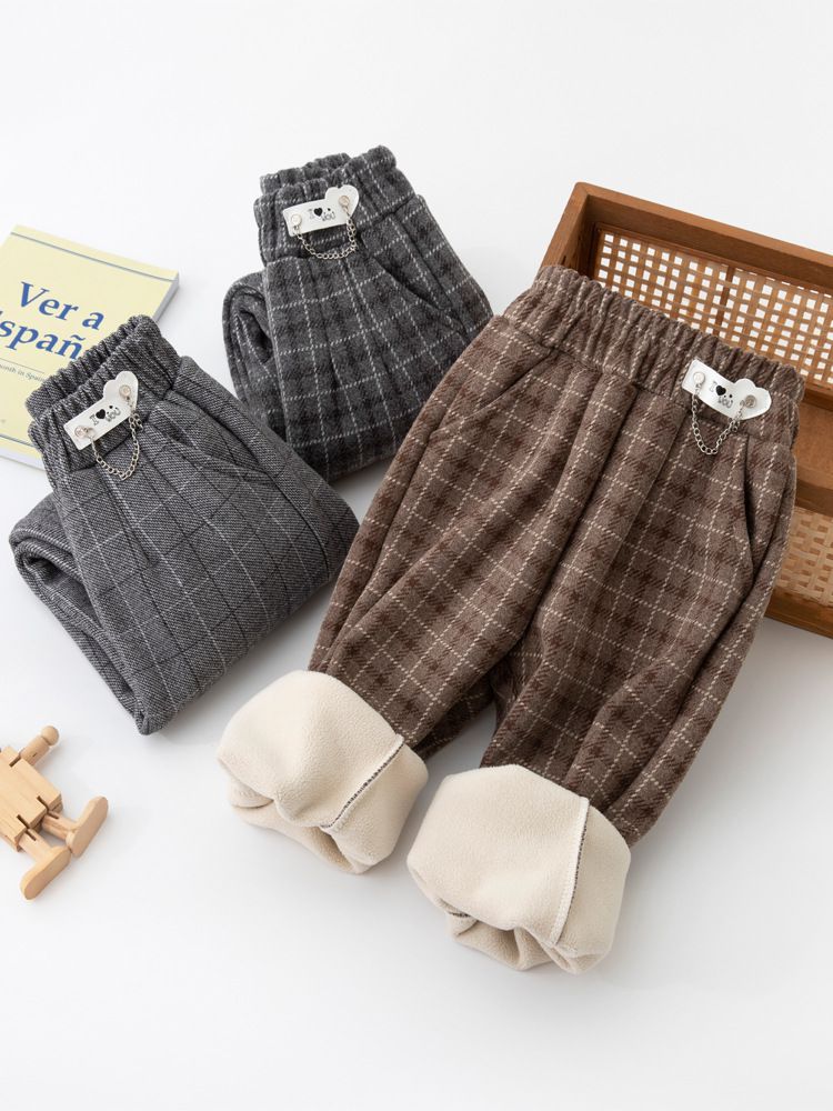 FANMOU - 英倫風加絨腰鬆緊格紋長褲-咖啡色