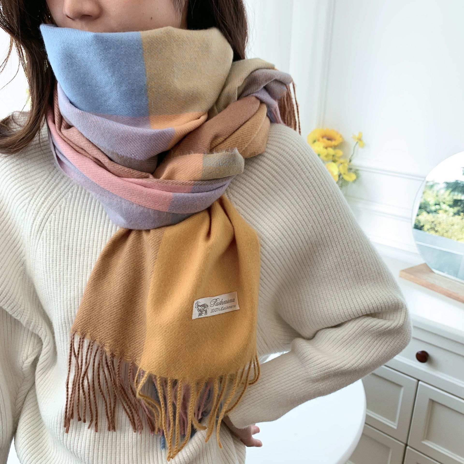 韓系仿羊絨大格子暖暖圍巾-粉+深酒紅 (200x70cm)