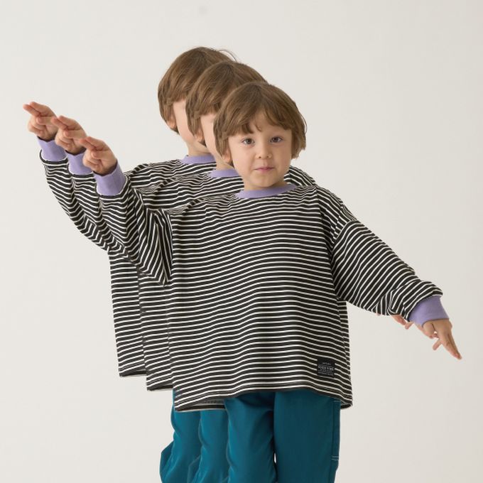 日本 b-ROOM - 不易變形定番條紋長袖上衣-水藍x灰