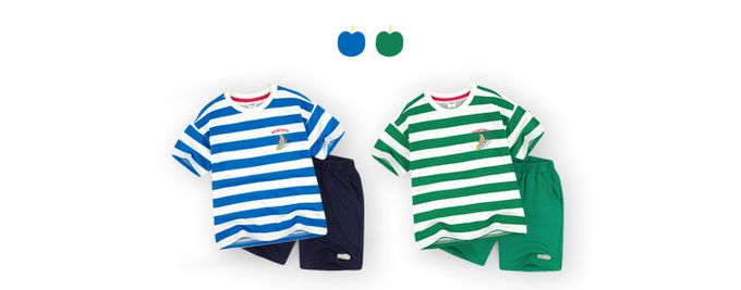 韓國 AndiApple - 衝浪小熊條紋短袖套裝-綠