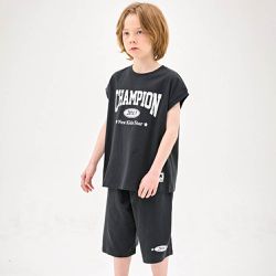 韓國 Jelispoon - 美式文字印落肩上衣X七分褲套裝-黑灰