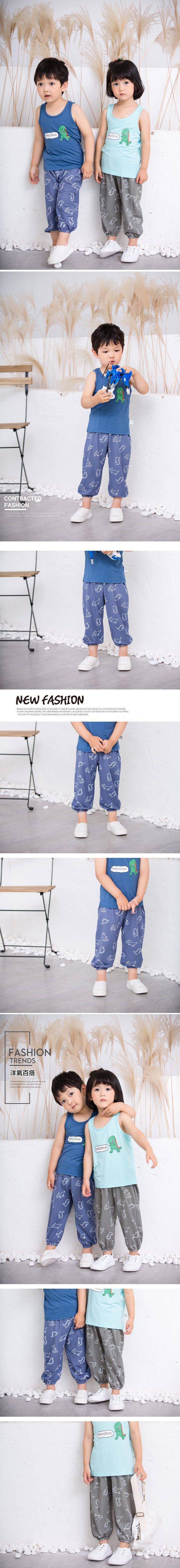 冰絲棉麻九分防蚊褲-可愛恐龍-淺藍色