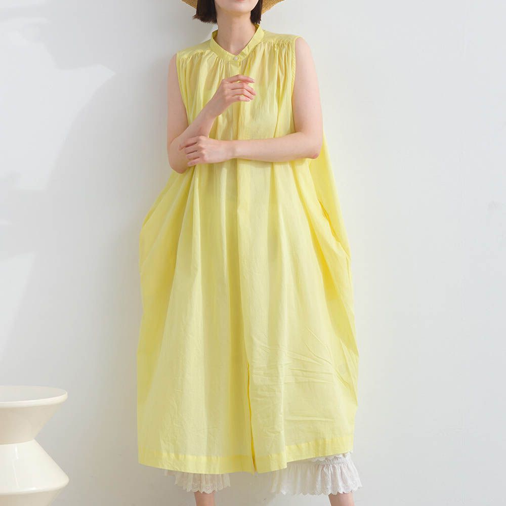 100%印度棉 清爽素色無袖洋裝-淺黃