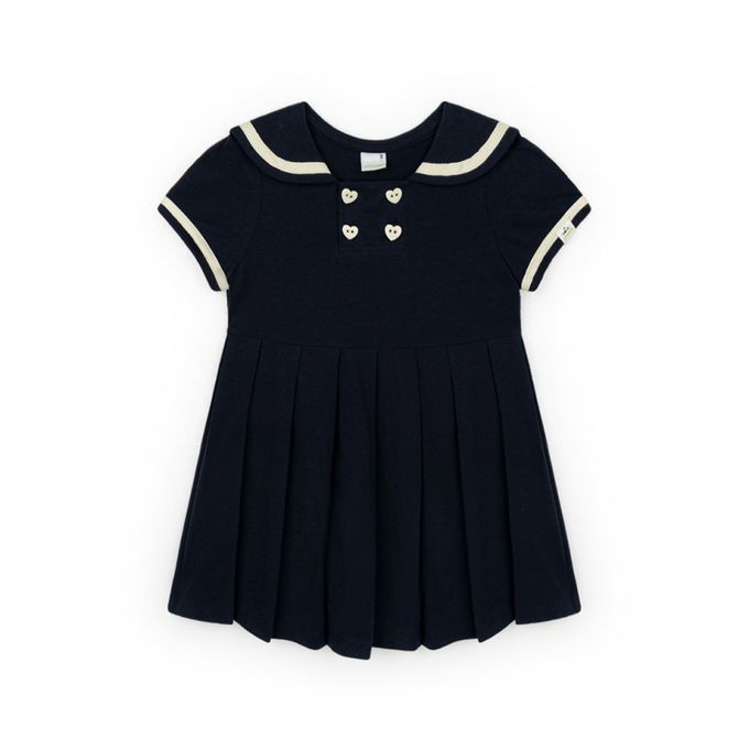 韓國 Pimpollo - 愛心鈕扣水手領百摺洋裝-淺卡其