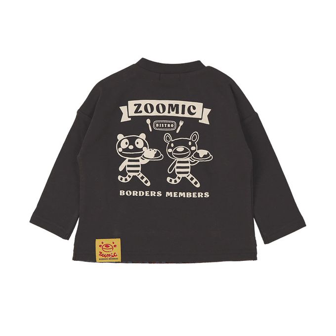 日本 ZOOLAND - 俏皮印花格紋拼接長袖上衣-療癒咖哩飯-酒紅