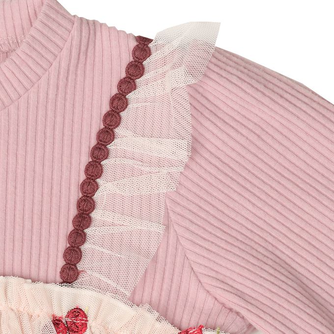 akachan honpo - 長袖假兩件休閒上衣-刺繍-粉紅色