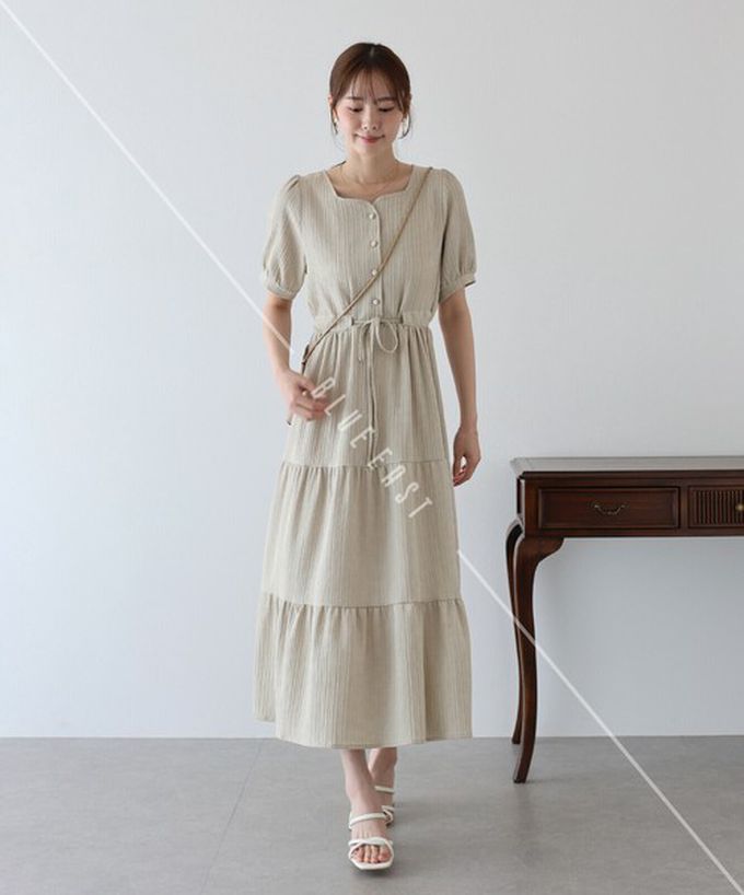 日本 BLUE EAST - 桃心領氣質分層短袖洋裝-海軍藍 ((長版))