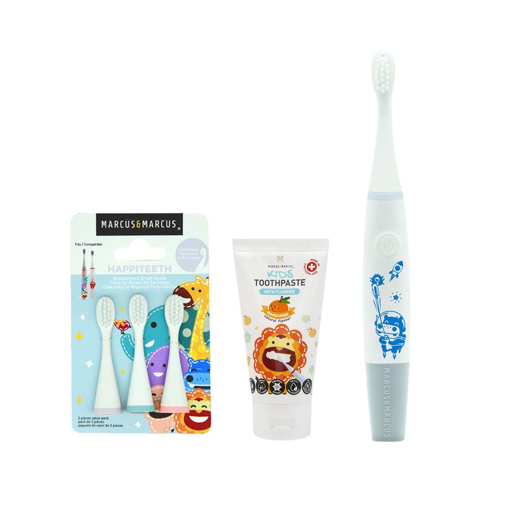 MARCUS＆MARCUS - 兒童音波電動牙刷時尚3件組-藍(時尚電動牙刷+補充刷頭+含氟牙膏)