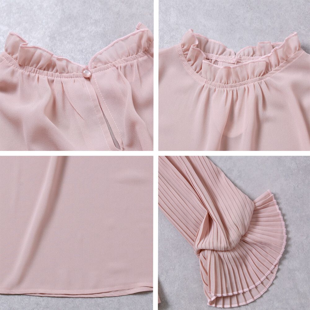 日本女裝代購 - 荷葉滾邊細百摺長袖雪紡上衣-杏