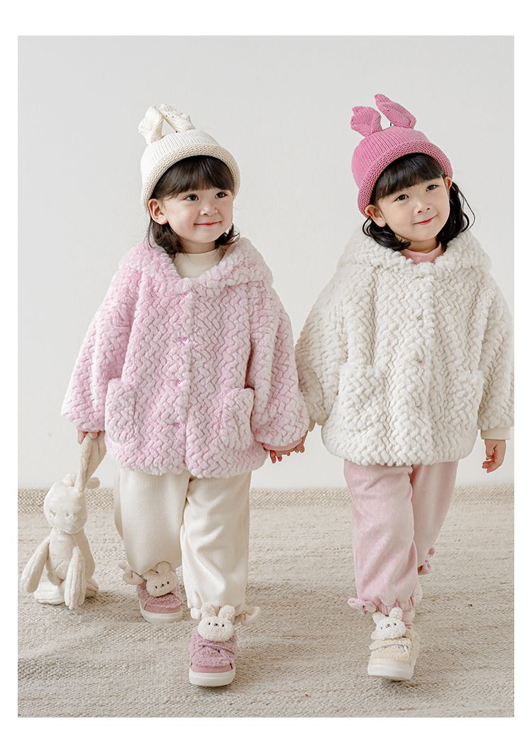 TONGMO - 立體造型毛絨保暖連帽外套-兔耳朵-粉色