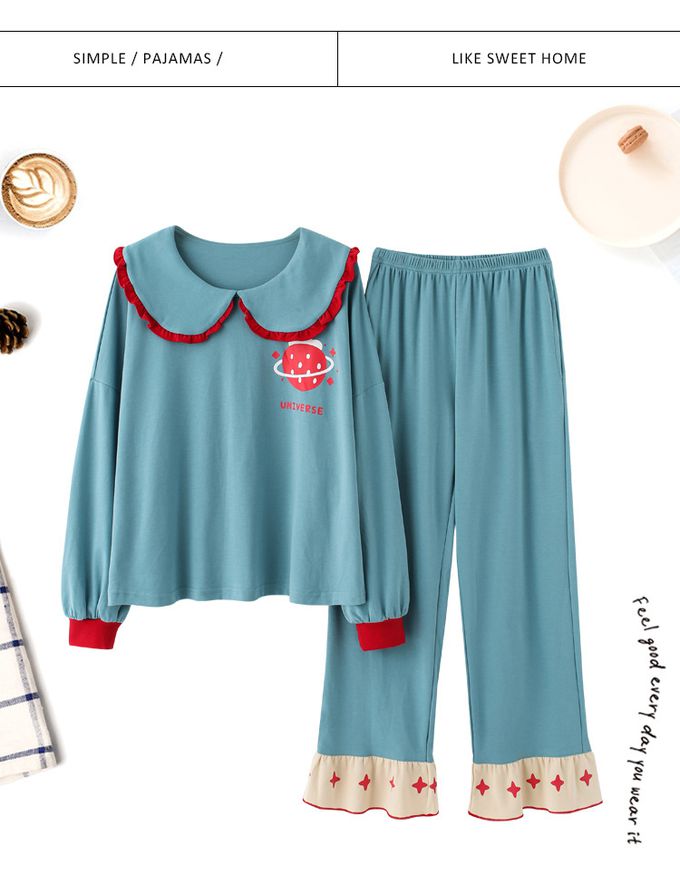 棉質休閒長袖家居服/睡衣套裝-格紋+兔兔-杏+紅