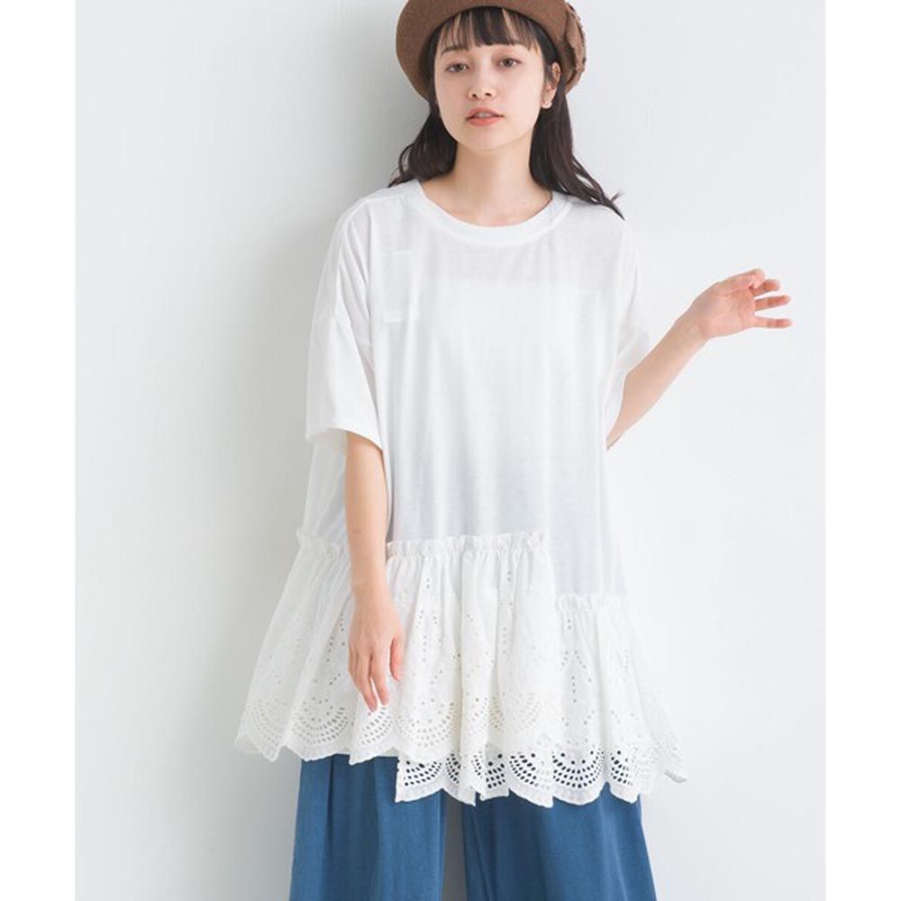 日本 Lupilien - 純棉不規則蕾絲雕花短袖上衣-白色