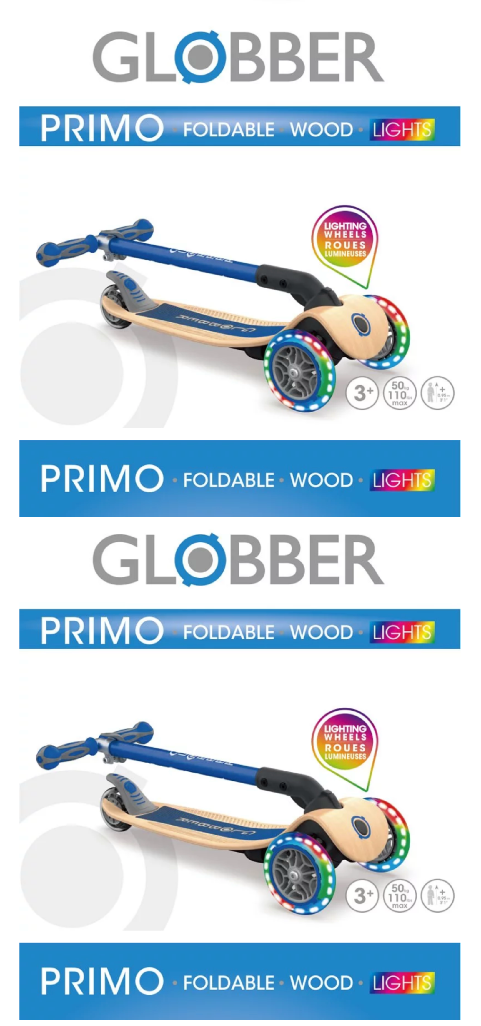 法國 GLOBBER - 2合1三輪折疊滑板車木製版(LED發光前輪)-海軍藍