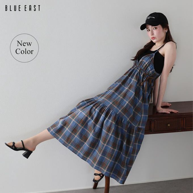 日本 BLUE EAST - 可愛格紋側蝴蝶結細肩帶洋裝-棕咖 (M)