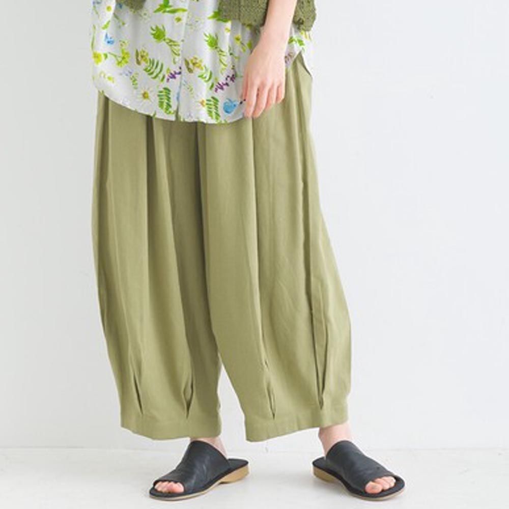 日本 Lupilien - 100%印度棉 俐落感燈籠寬褲-軍綠