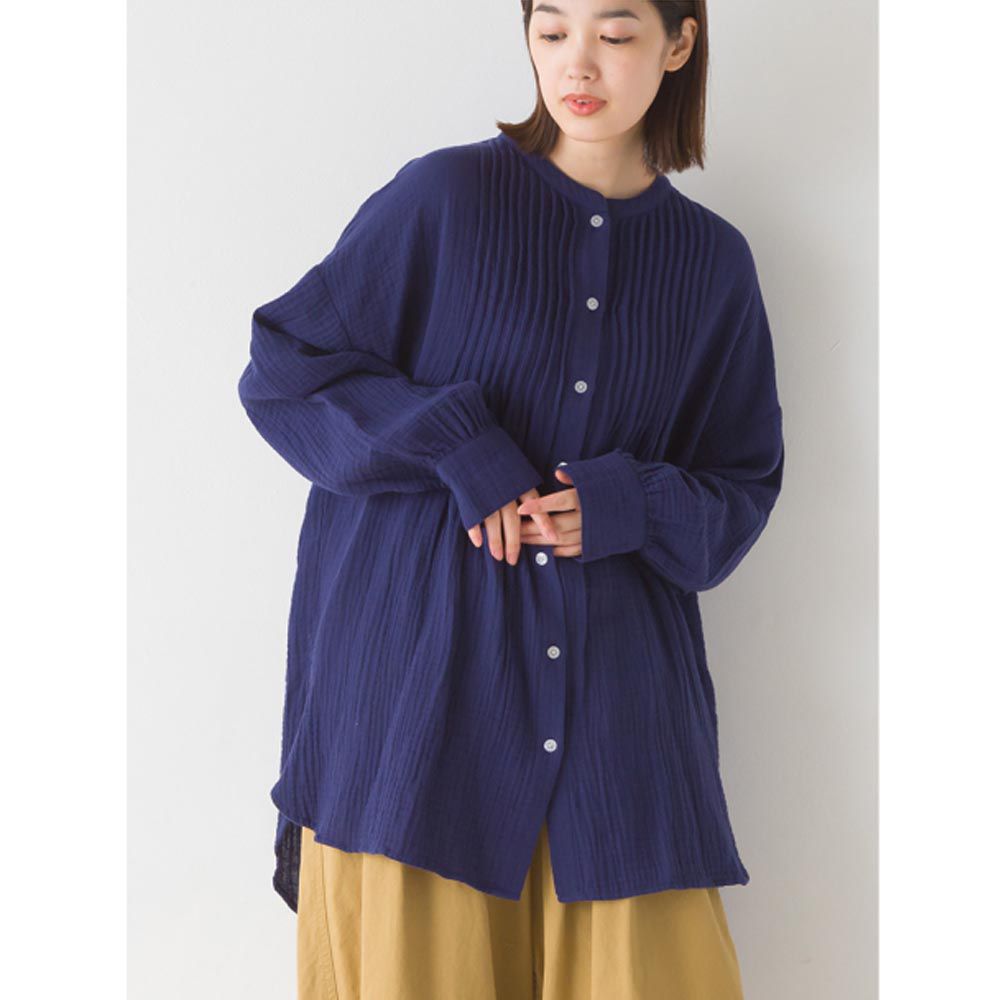 日本 OMNES - 二重紗氣質細摺長袖襯衫-海軍藍