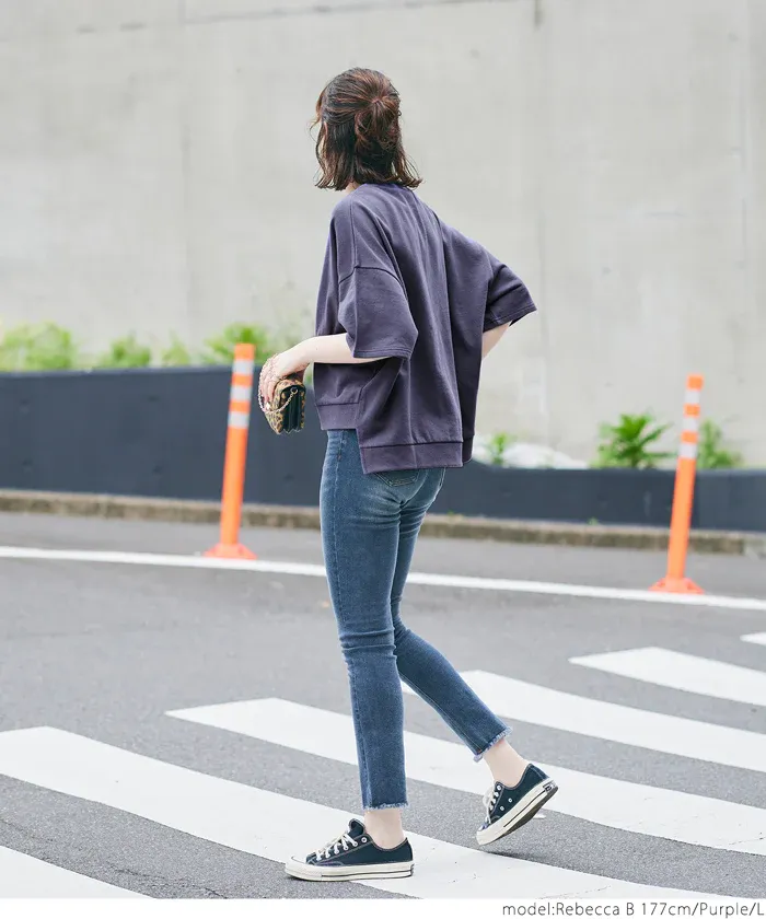 日本 COCA - 百搭前短後長五分袖上衣-杏