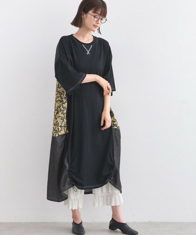 日本 Lupilien - 異素材花朵拼布清新五分袖洋裝-黑