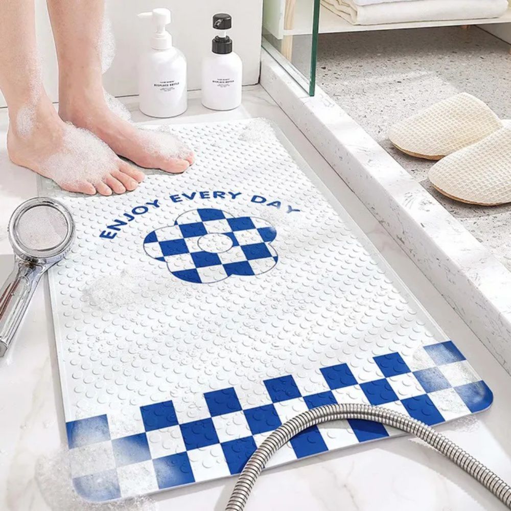 浴室防滑洗澡腳踏墊-格紋+花花-藍+白 (40x70cm)