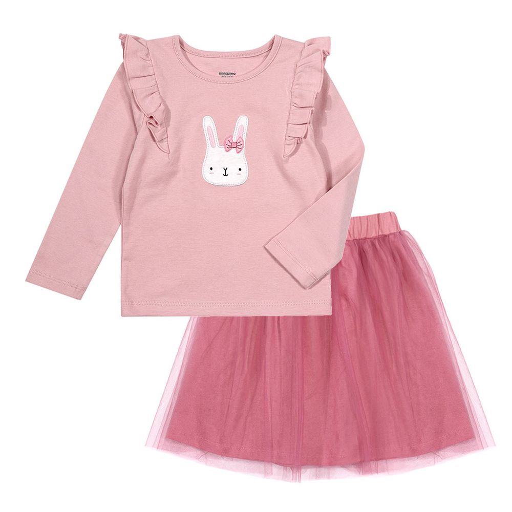 Minizone - 長袖上衣紗裙套裝-藕粉兔子