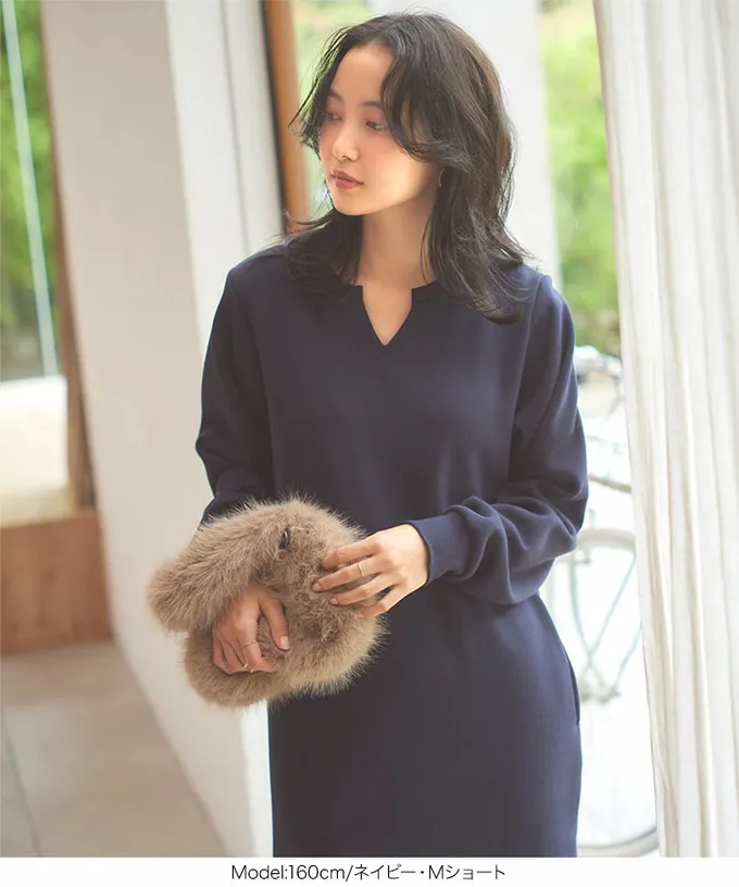 日本 Kobe Lettuce - 極上溫暖 裏起毛鑰匙領休閒長袖洋裝-藍綠