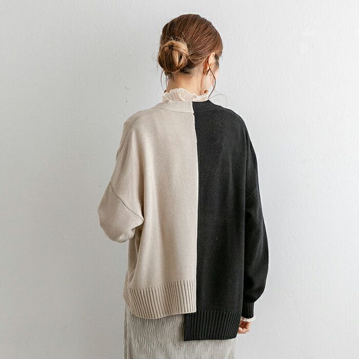 日本 ihuu - V領不對稱撞色薄針織外套-深灰x黑