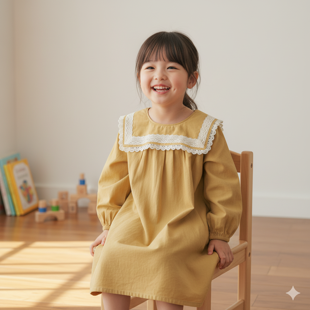 水手領洋裝-淺卡其色