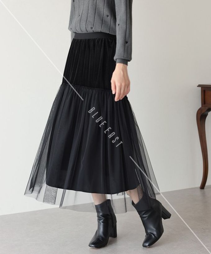 日本 BLUE EAST - 薄紗絲絨拼接飄逸長裙-(可選長度)-深藍