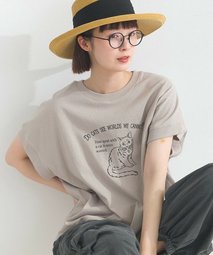 日本 Lupilien - 16OE天竺棉 貓咪印花短袖上衣-淺棕