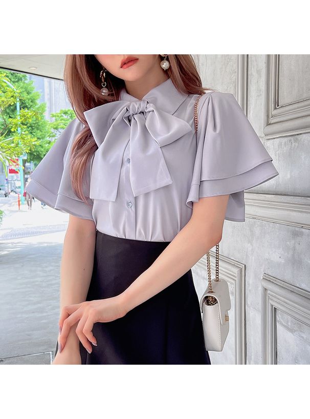 日本 GRL - 氣質蝴蝶結雙層袖雪紡上衣-淺橘粉